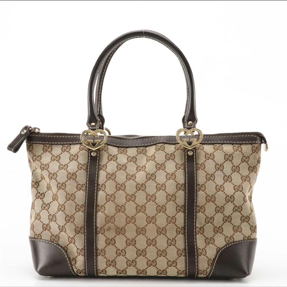 Rare lovely heart Gucci . Brown Monogram shoulder Tote Bag with Leather Trim